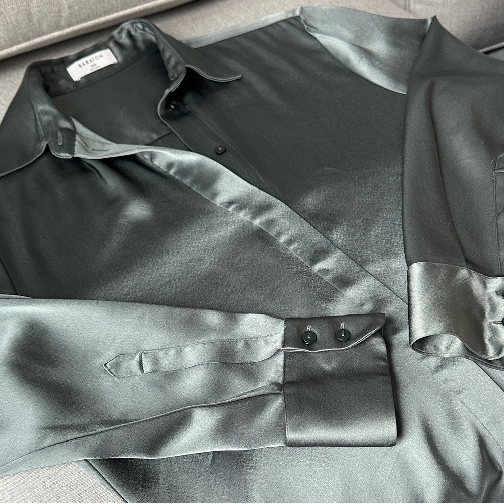Babaton (Aritzia) Long Dark Sage Green Satin Button Down Shirt